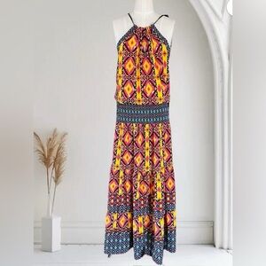Hale Bob | Maxi Halter Tribal Aztec Colorful Print Resort wear Dress L